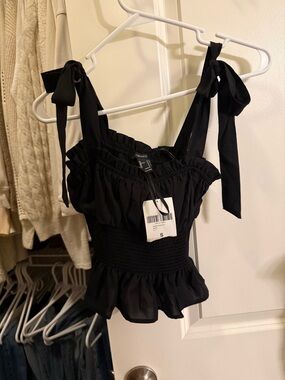 Black Tie-Shoulder Smocked Peplum Top - Forever 21